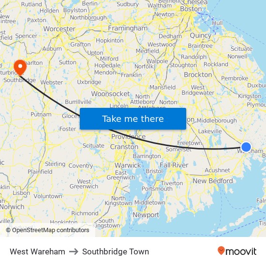 West Wareham to Southbridge Town map