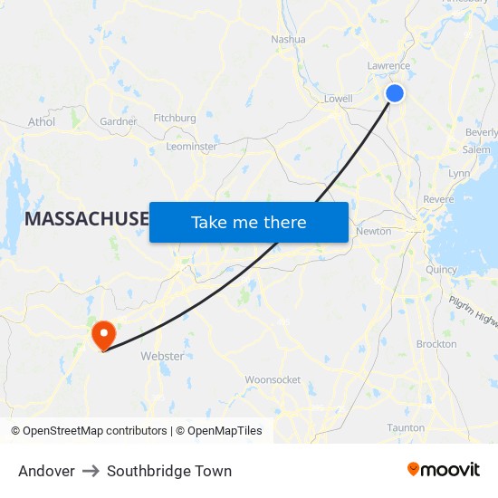 Andover to Southbridge Town map