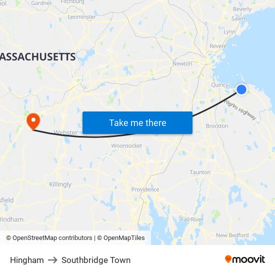 Hingham to Southbridge Town map