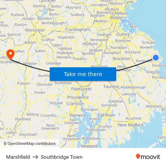 Marshfield to Southbridge Town map