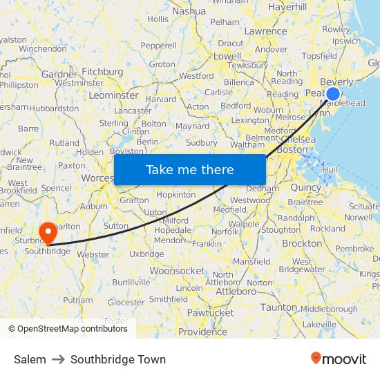 Salem to Southbridge Town map