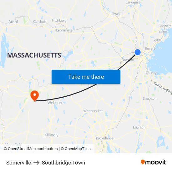 Somerville to Southbridge Town map