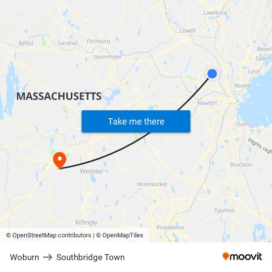 Woburn to Southbridge Town map