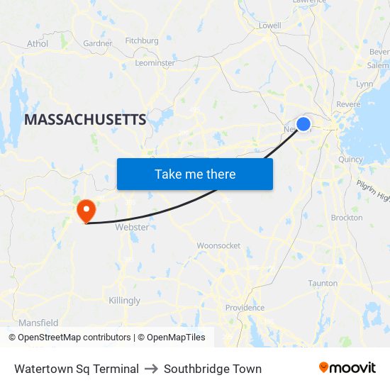 Watertown Sq Terminal to Southbridge Town map