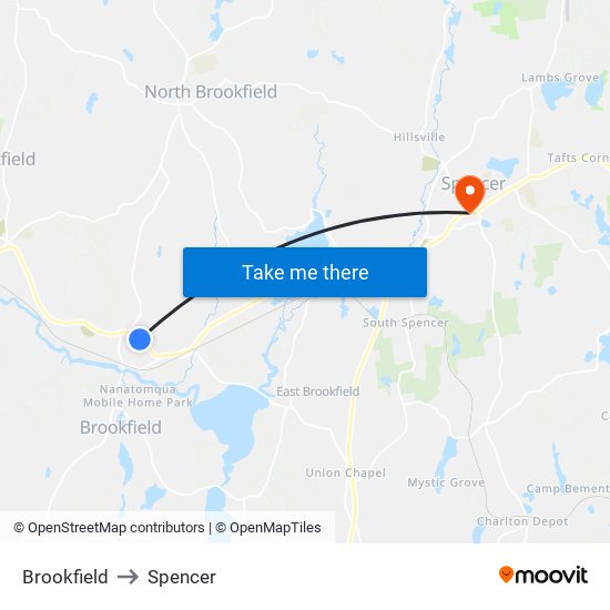 Brookfield to Spencer map