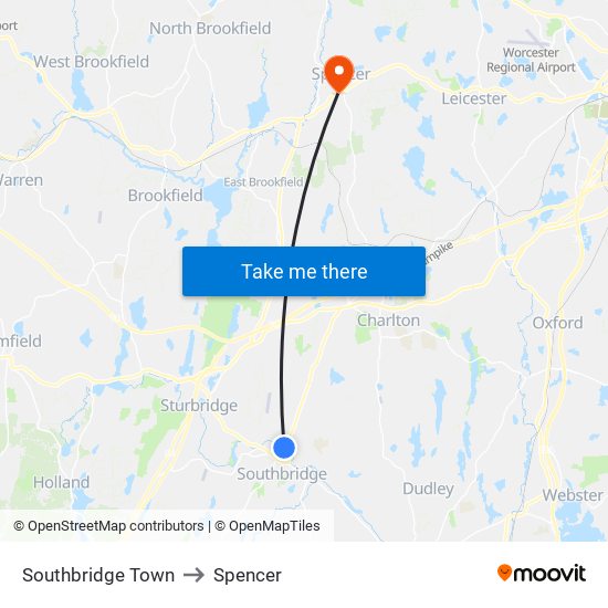 Southbridge Town to Spencer map