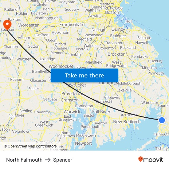 North Falmouth to Spencer map