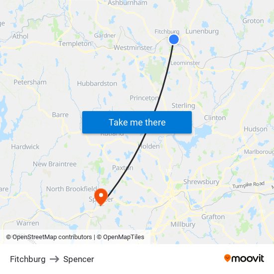 Fitchburg to Spencer map