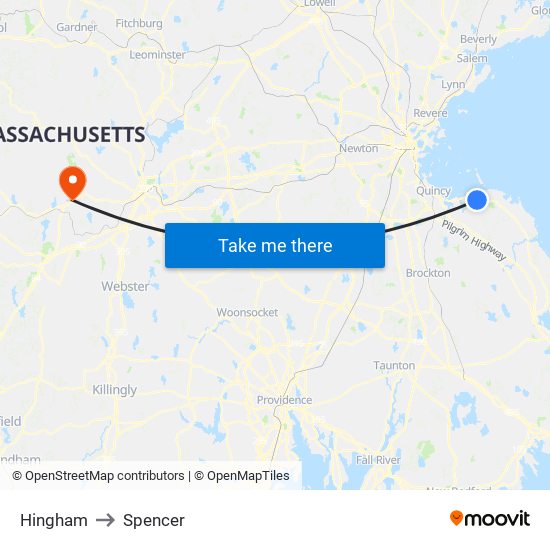 Hingham to Spencer map