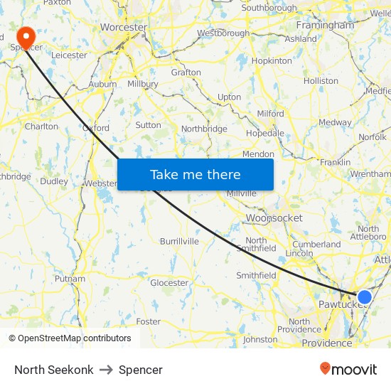North Seekonk to Spencer map