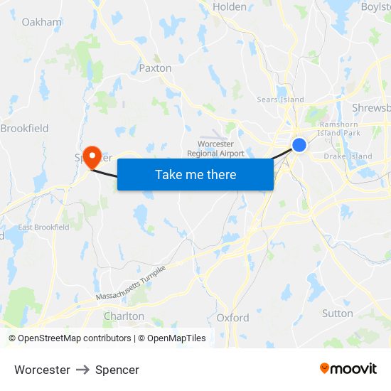 Worcester to Spencer map