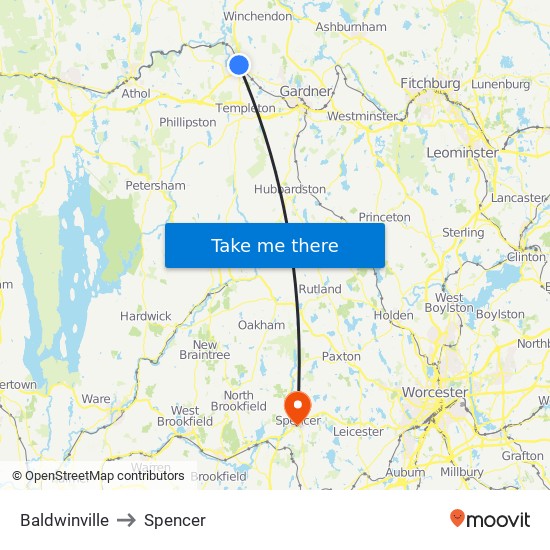 Baldwinville to Spencer map