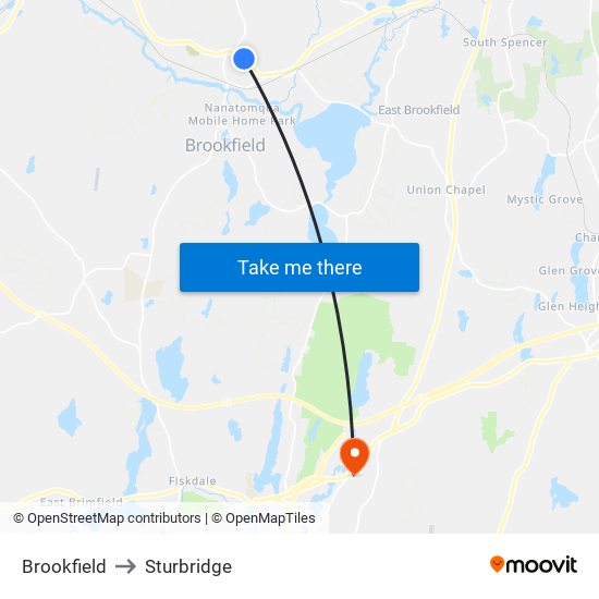 Brookfield to Sturbridge map