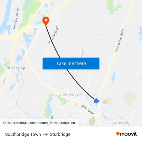 Southbridge Town to Sturbridge map