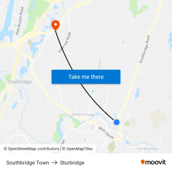 Southbridge Town to Sturbridge map