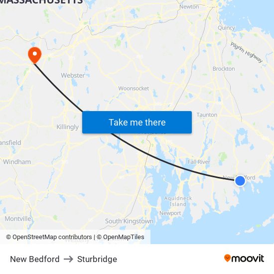 New Bedford to Sturbridge map
