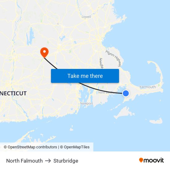 North Falmouth to Sturbridge map