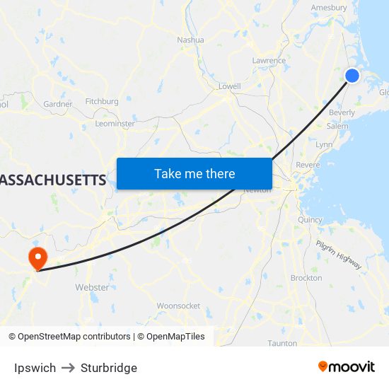 Ipswich to Sturbridge map