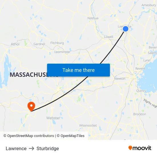 Lawrence to Sturbridge map