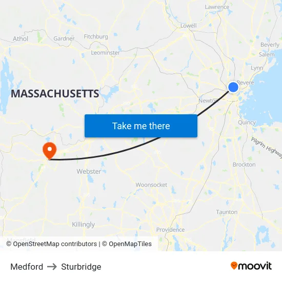 Medford to Sturbridge map
