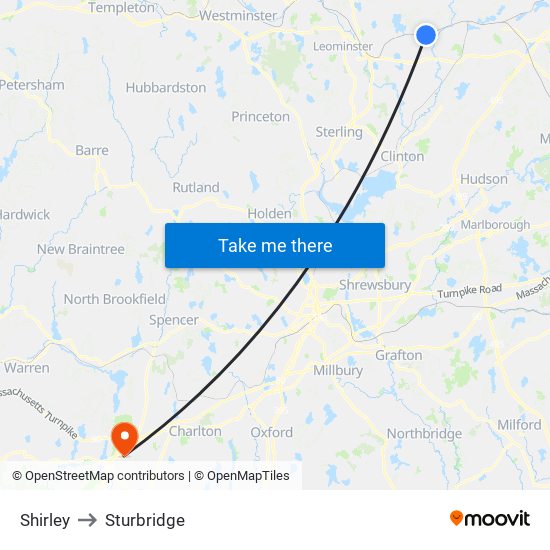 Shirley to Sturbridge map