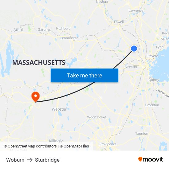 Woburn to Sturbridge map