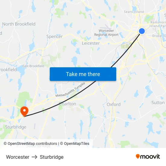 Worcester to Sturbridge map