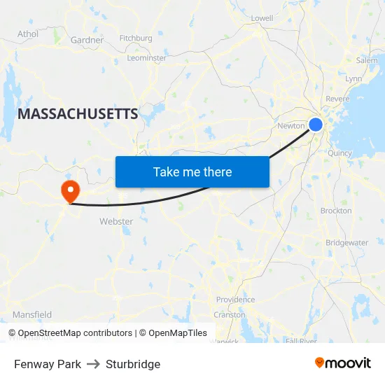 Fenway Park to Sturbridge map