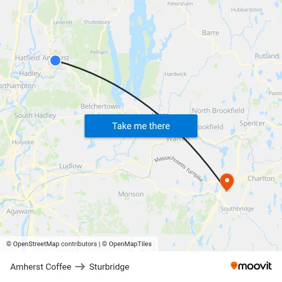 Amherst Coffee to Sturbridge map
