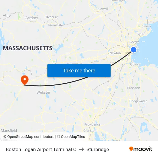 Boston Logan Airport Terminal C to Sturbridge map