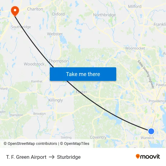 T. F. Green Airport to Sturbridge map