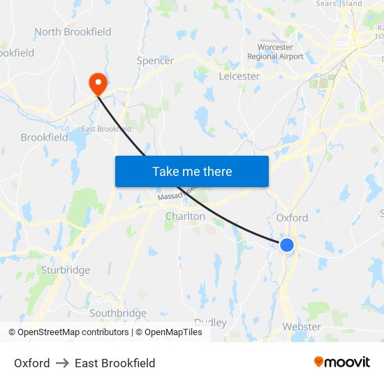 Oxford to East Brookfield map