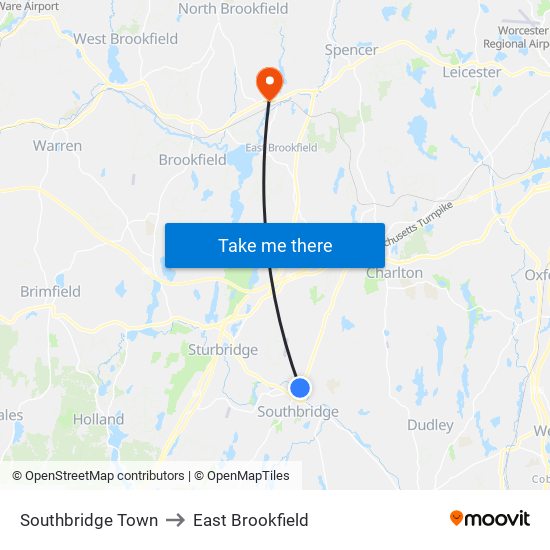 Southbridge Town to East Brookfield map