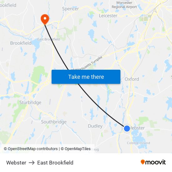 Webster to East Brookfield map
