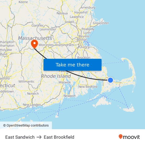 East Sandwich to East Brookfield map