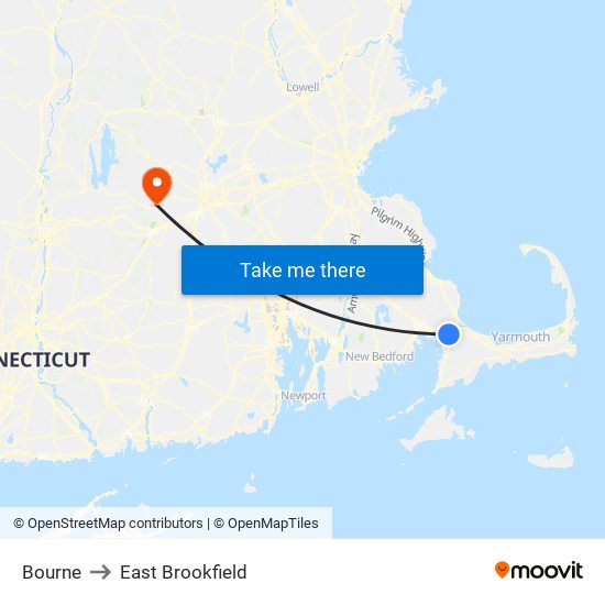 Bourne to East Brookfield map