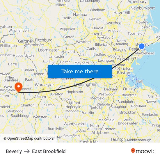 Beverly to East Brookfield map