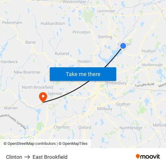 Clinton to East Brookfield map