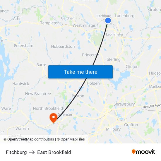 Fitchburg to East Brookfield map