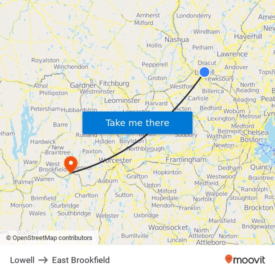 Lowell to East Brookfield map