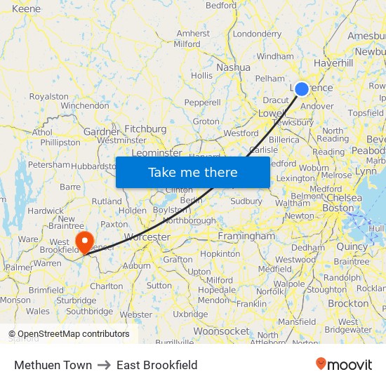 Methuen Town to East Brookfield map