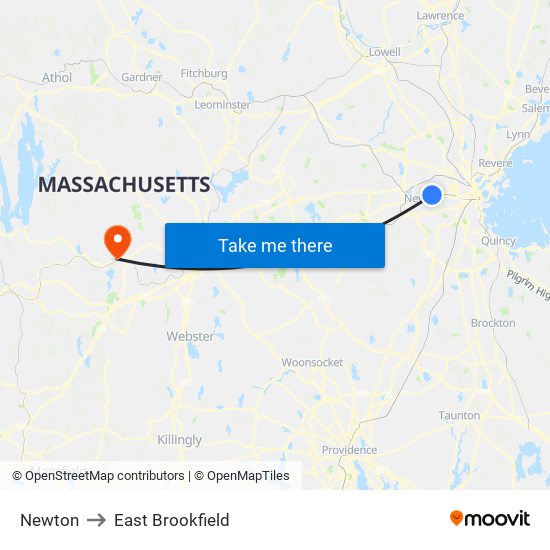 Newton to East Brookfield map