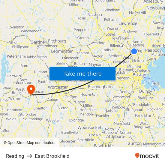 Reading to East Brookfield map