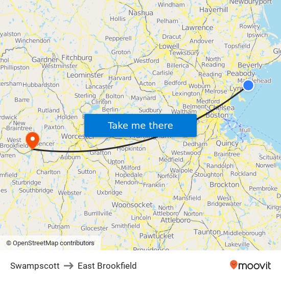 Swampscott to East Brookfield map