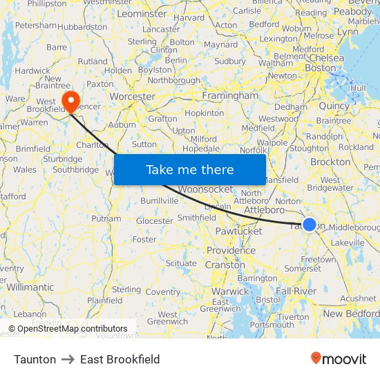 Taunton to East Brookfield map