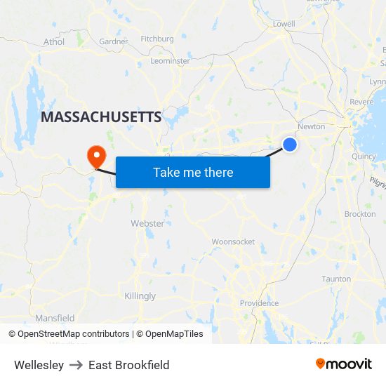 Wellesley to East Brookfield map