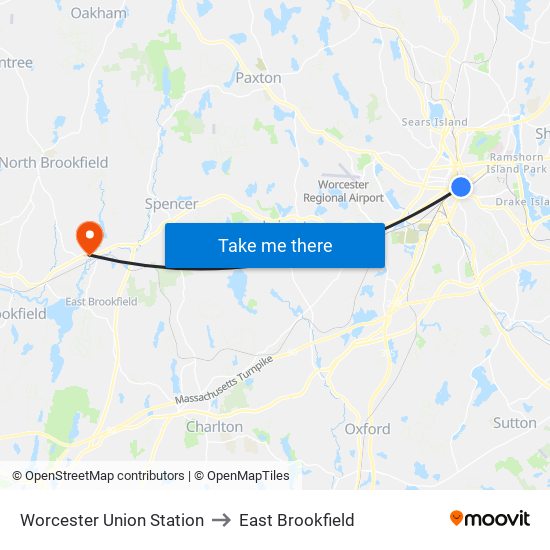 Worcester Union Station to East Brookfield map