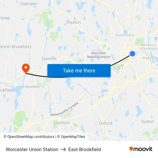Worcester Union Station to East Brookfield map