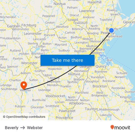 Beverly to Webster map