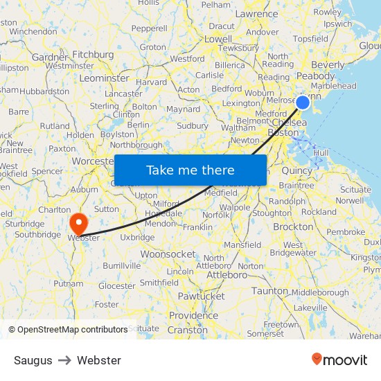 Saugus to Webster map